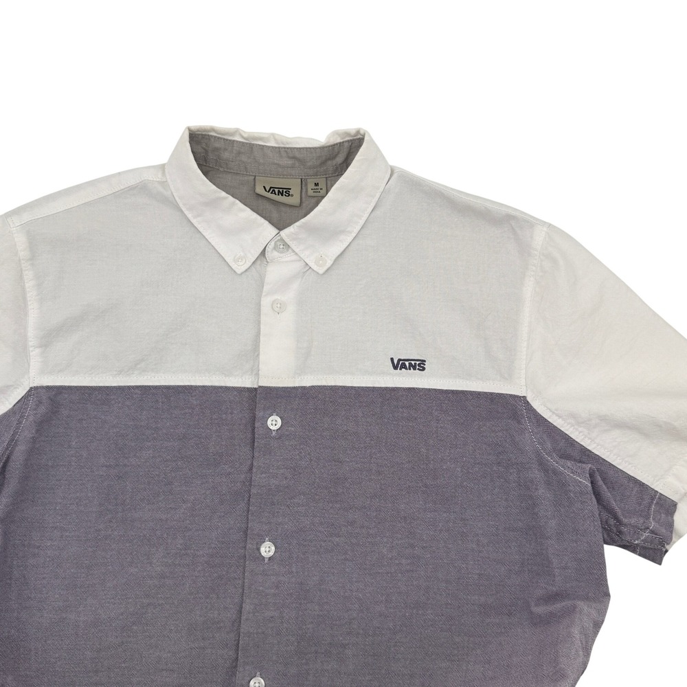 Vans Mens Medium Colorblock Short Sleeve Button‎ Down Shirt White Purple Grey
